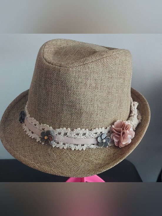 Accessories - Women’s Beige Straw Fedora Hat with Pink Floral Trim